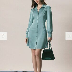 RIHOAS The Green Lapel Button Satin Shirt Mini Dress 3